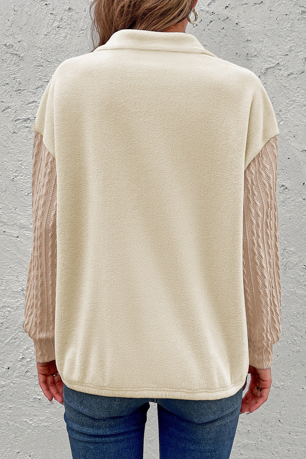 Beige Half Zip Textured Patchwork Sleeve Drop Shoulder Sweatshirt