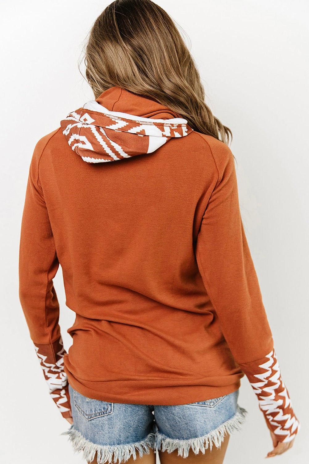 Brown Aztec Print Patchwork Thumb Hole Hoodie