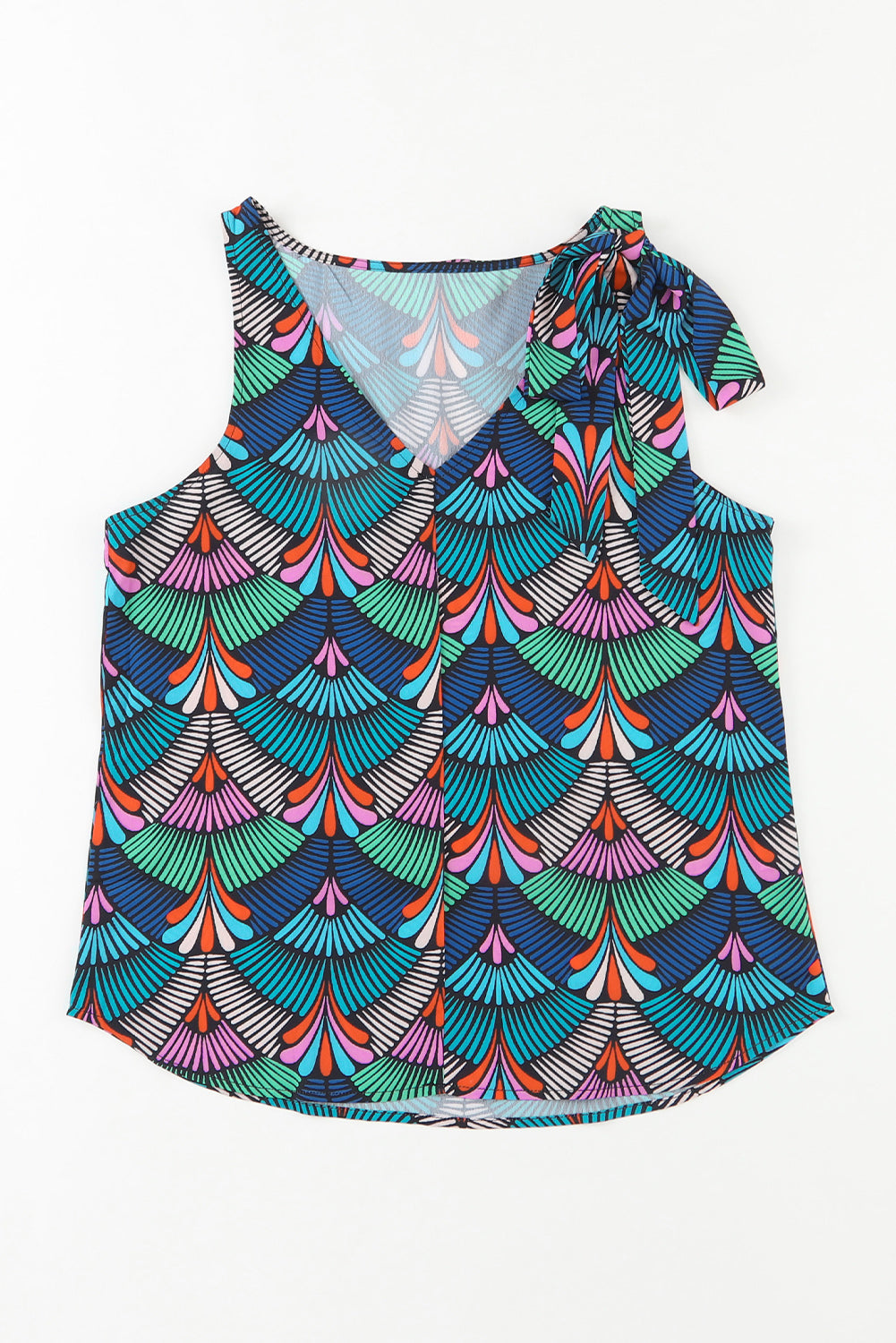 Blue Printed Knotted Shoulder Tank Top