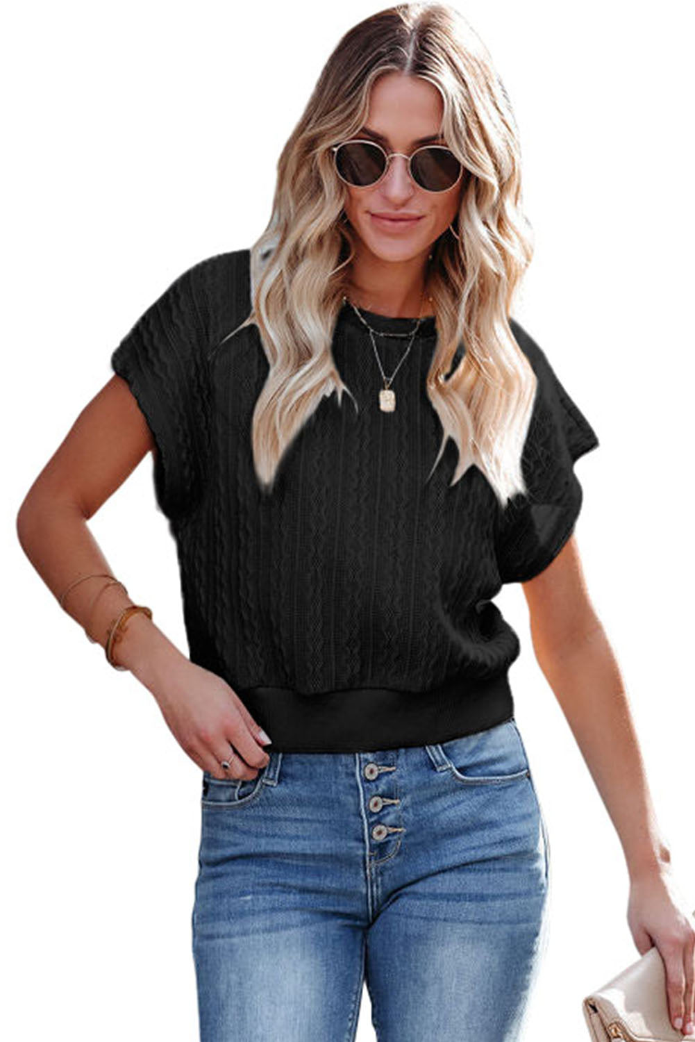 White Textured Knit Short Sleeve Top