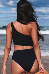 Black Asymmetric Bare Shoulder Cutout One Piece Swimsuit