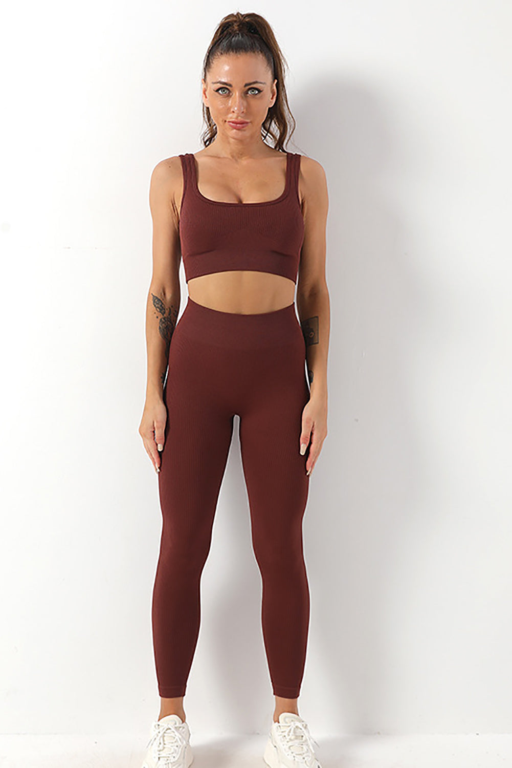 Brown Solid Ribbed High Waist Tummy Control Yoga Pants