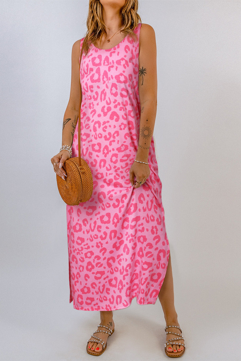 Pink Leopard Print Floral Lace Patch V Neck Tank Top