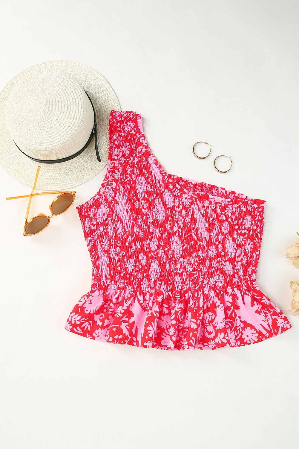 Red Smocked One-shoulder Floral Tank