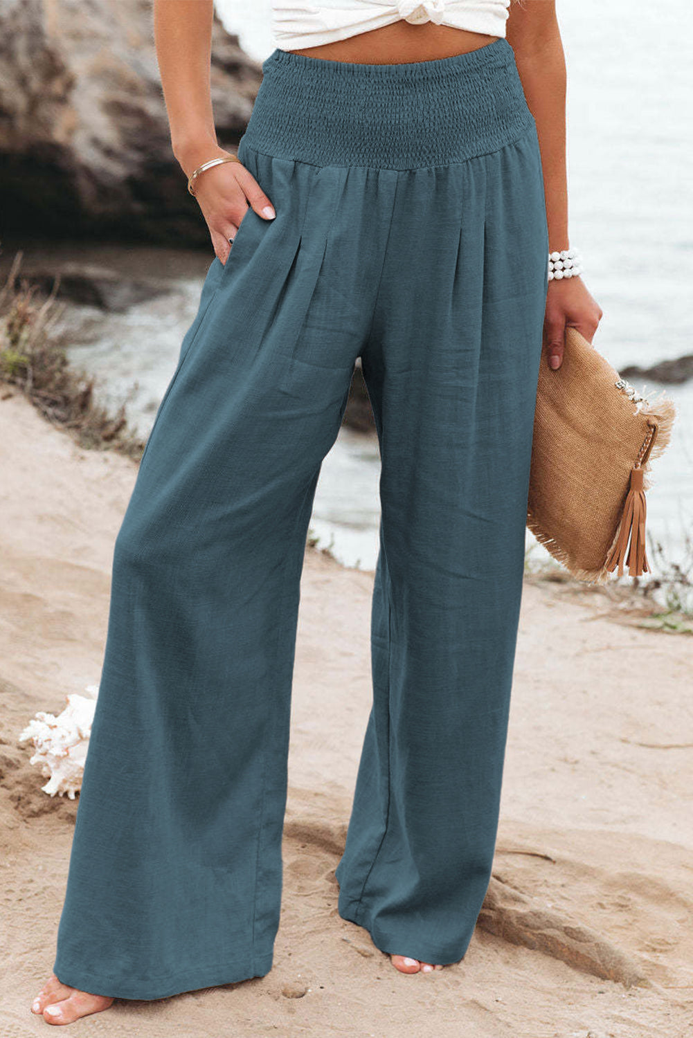 Black Smocked Wide Waistband High Waist Wide Leg Pants