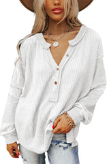 Bright White Contrast Patched Exposed Seam Waffle Knit Henley Top