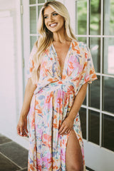 Multicolor Tropical Floral Print Ruched V Neck Maxi Dress