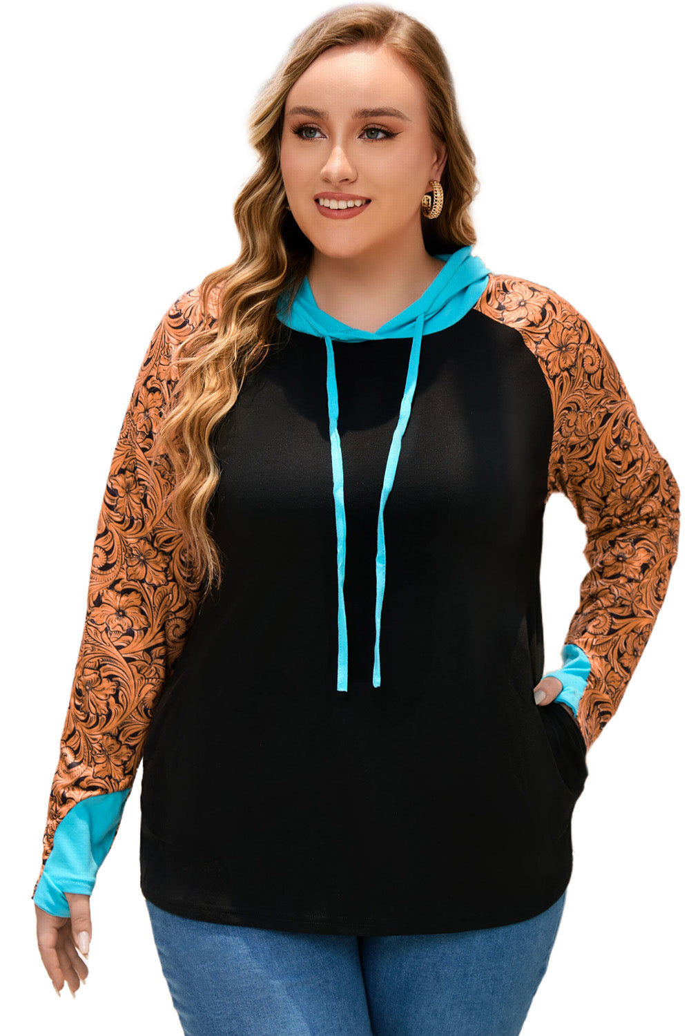 Black Western Print Color Block Plus Size Hoodie