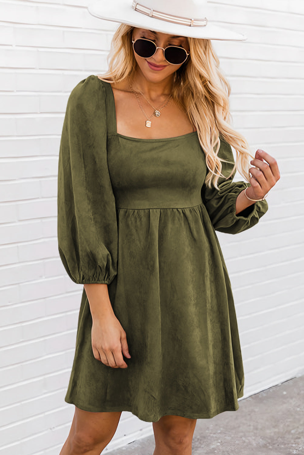 Brown Suede Square Neck Puff Sleeve Dress