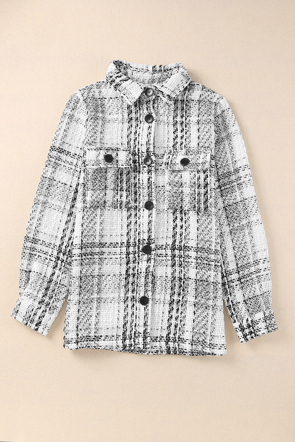 White Plaid Print Pocketed Shirt Jacket