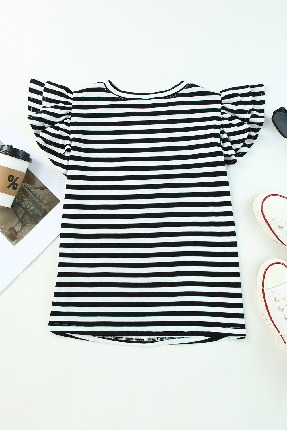 White Stripe Print Tiered Ruffled Sleeve Tee