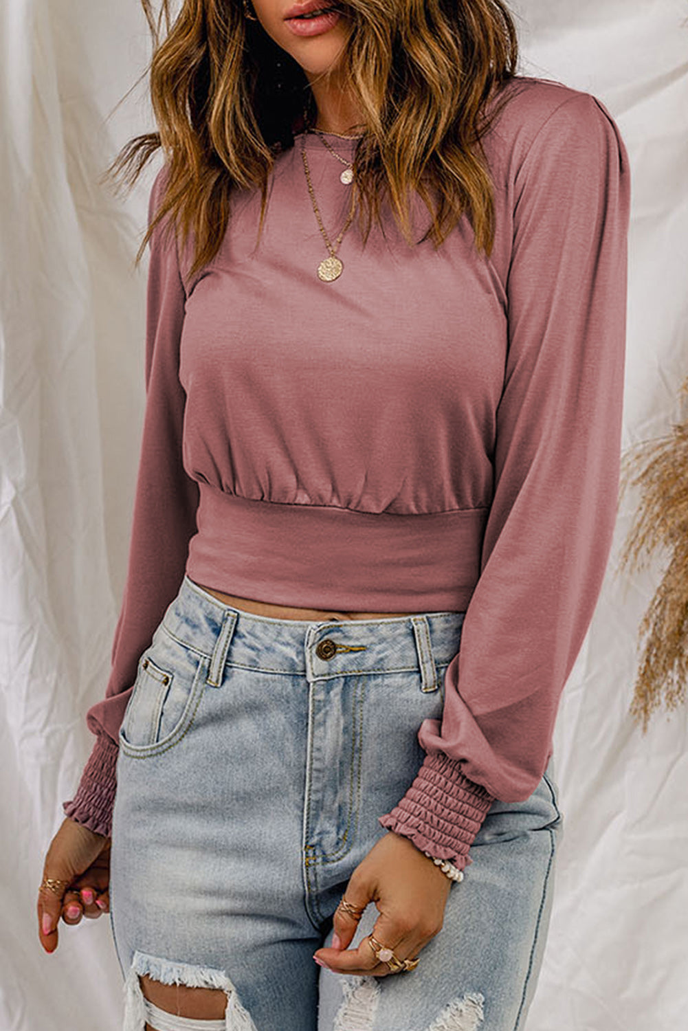 Pink Banded Hem Smocking Cuffs Long Sleeve Crop Top