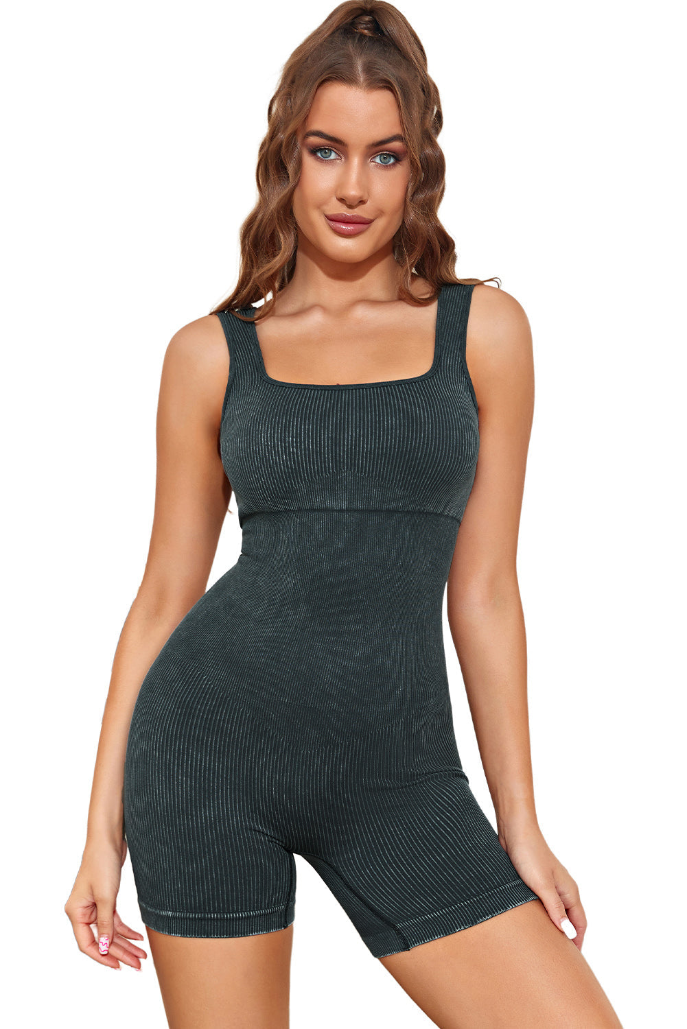 Black Ribbed Square Neck Padded Sports Romper