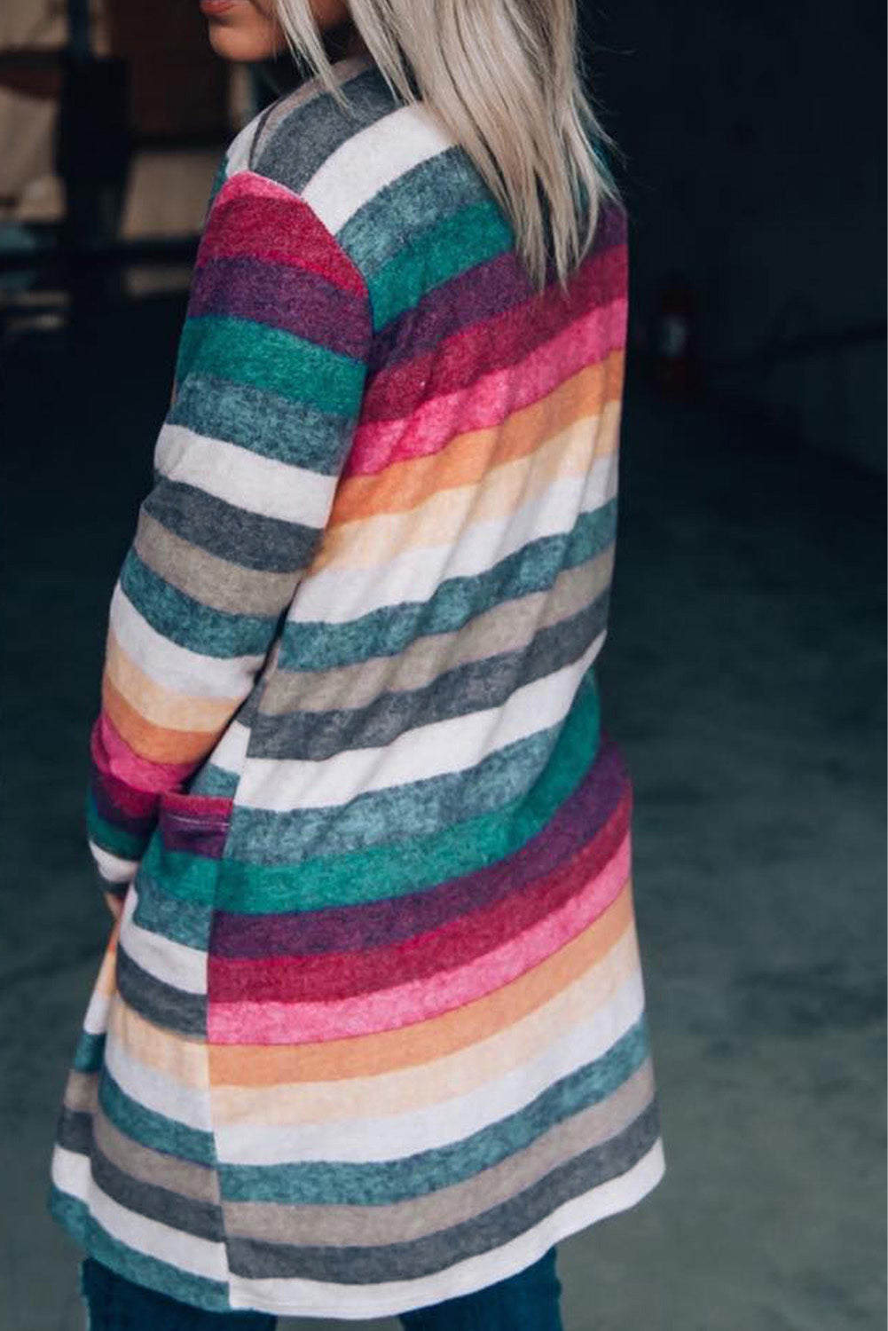 Multicolor Striped Print Long Sleeve Open Front Long Cardigan