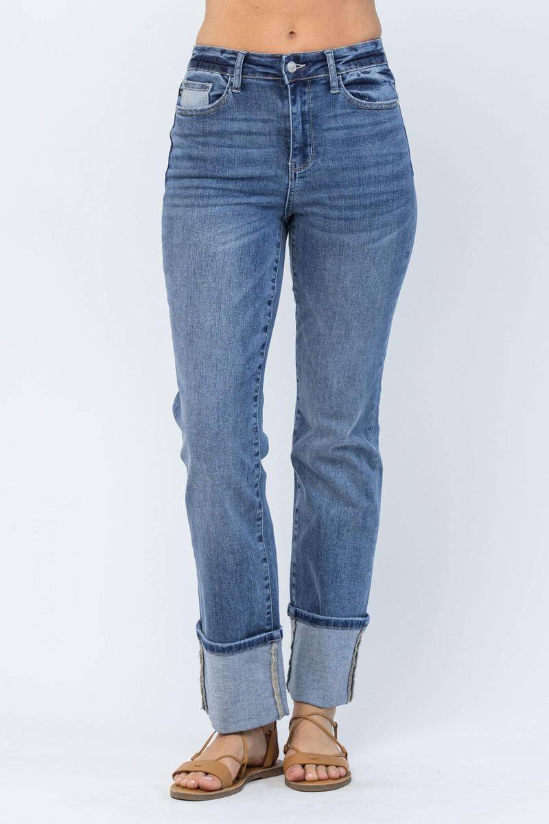 High Waist Straight Leg Jeans with Wide Cuff