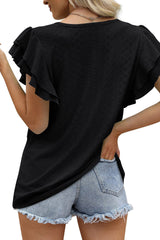 Black Rhombus Textured Ruffle Short Sleeve Blouse