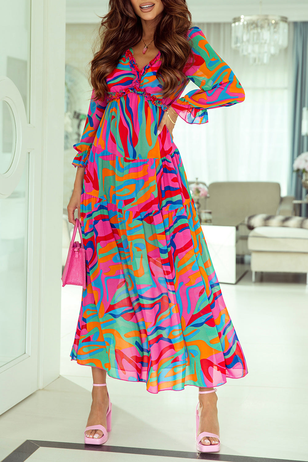 Multicolor Wild Lotus Ruffle Tiered Maxi Dress