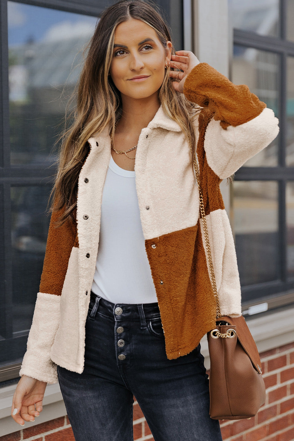 Black Colorblock Checkered Sherpa Jacket
