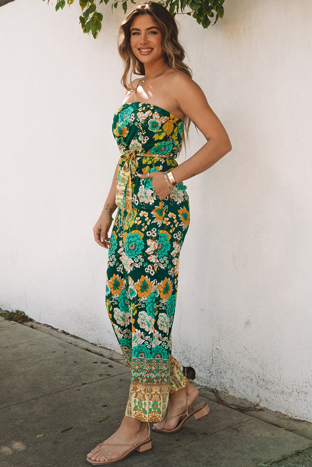 Green Boho Floral Belted Strapless Jumpsuit