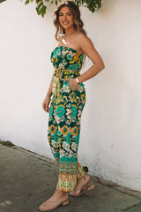 Green Boho Floral Belted Strapless Jumpsuit