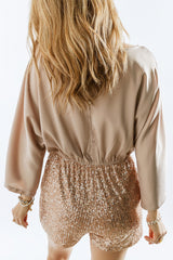 Khaki Sequin Patchwork Drawstring High Waist Romper