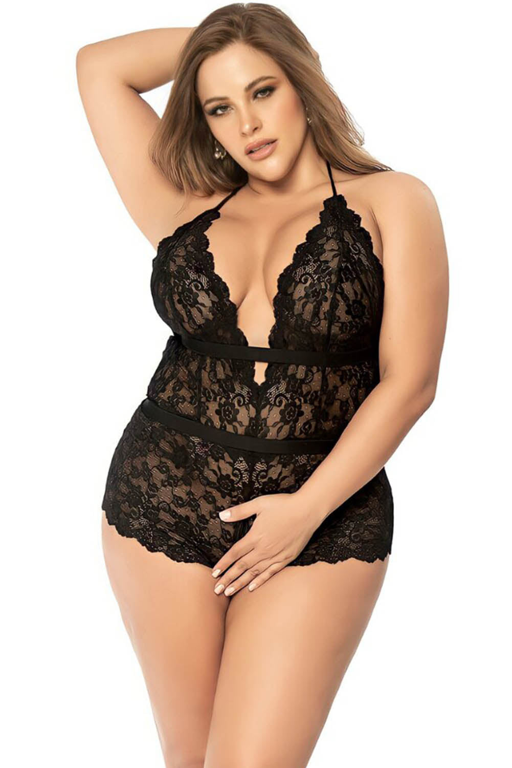 Black Plus Size Lace Scalloped Halter Neck Strappy Teddy Lingerie