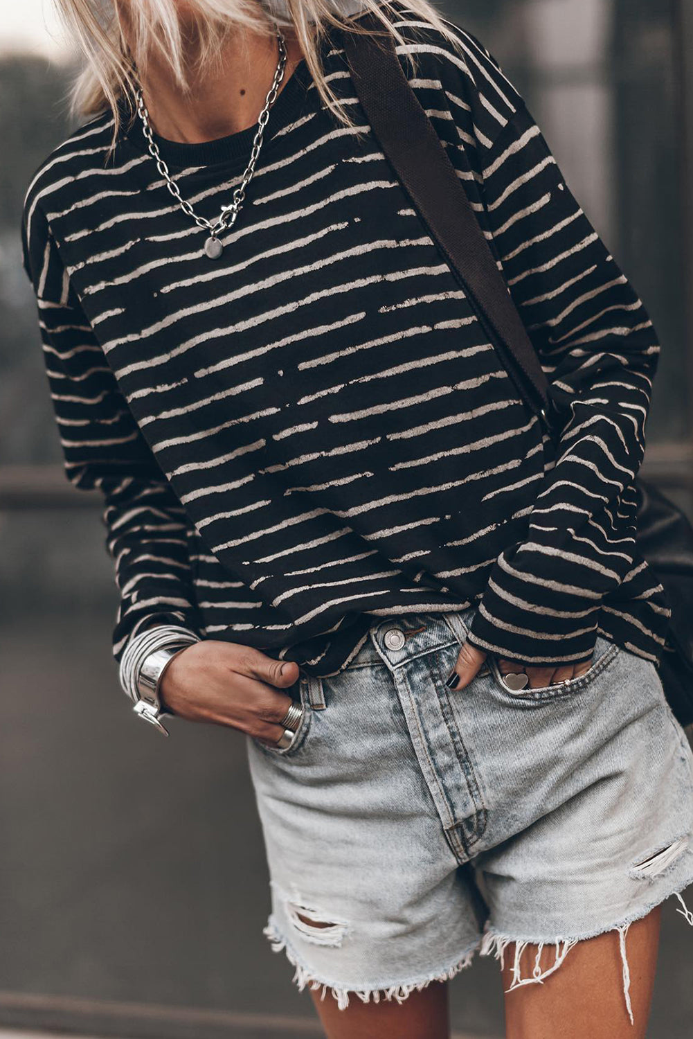 White Retro Striped Casual Long Sleeve Top