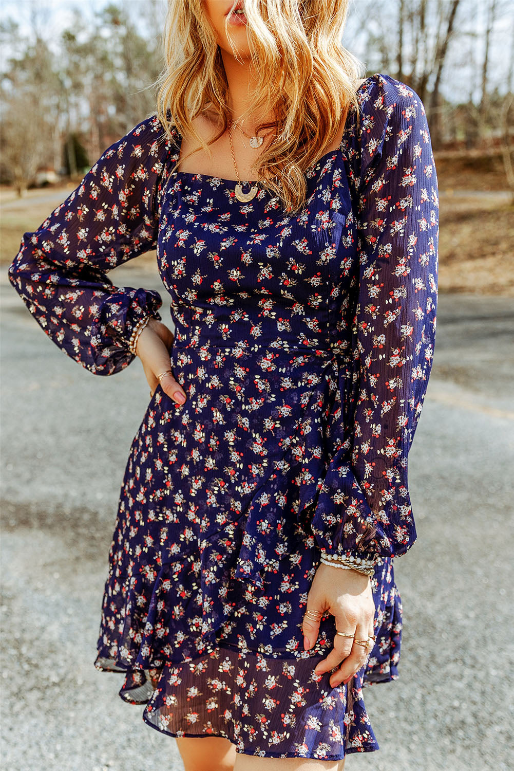 Blue Floral Print Smocked Square Neck Bubble Sleeve Dress