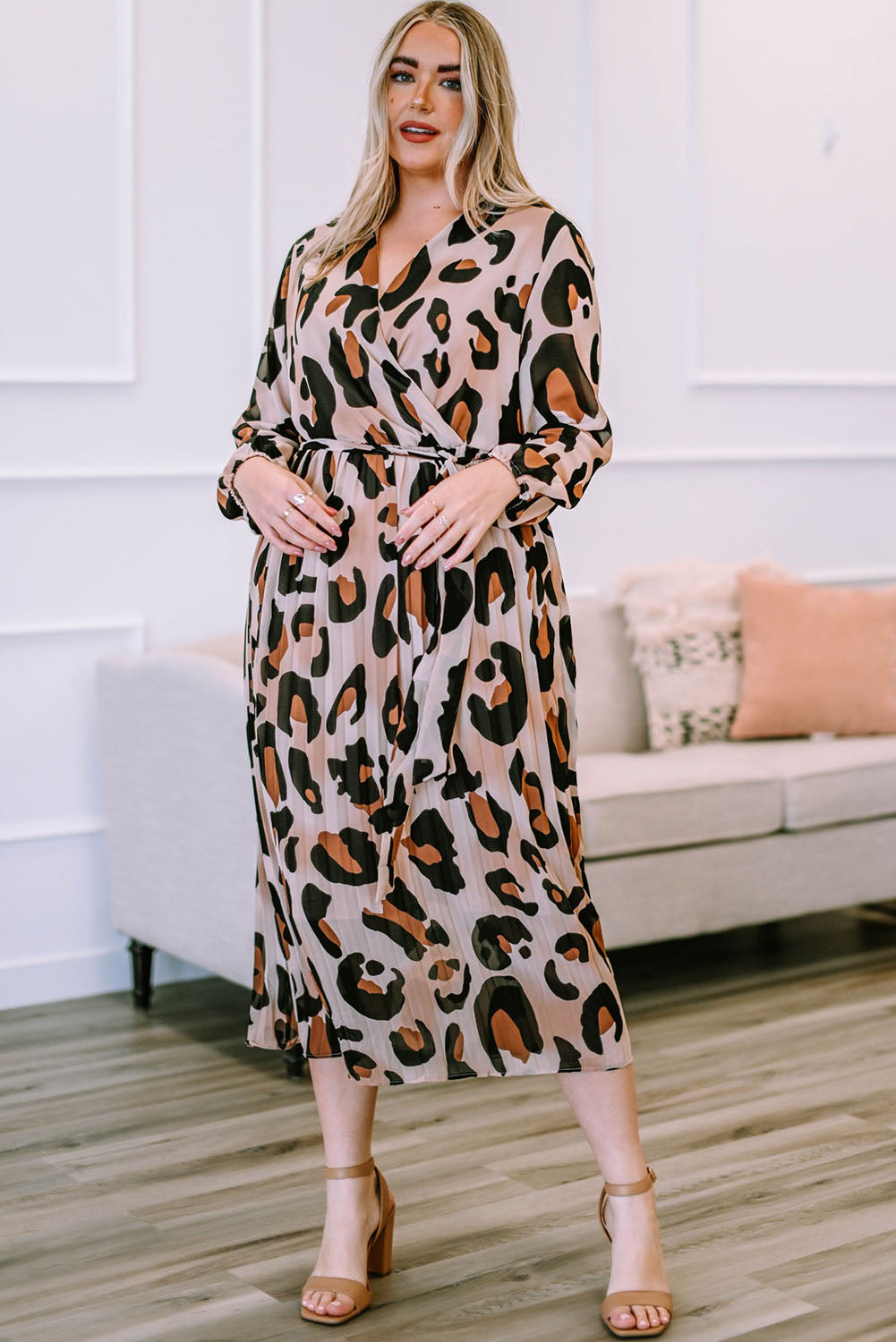 Leopard Plus Size Leopard V Neck Wrap Pleated Dress