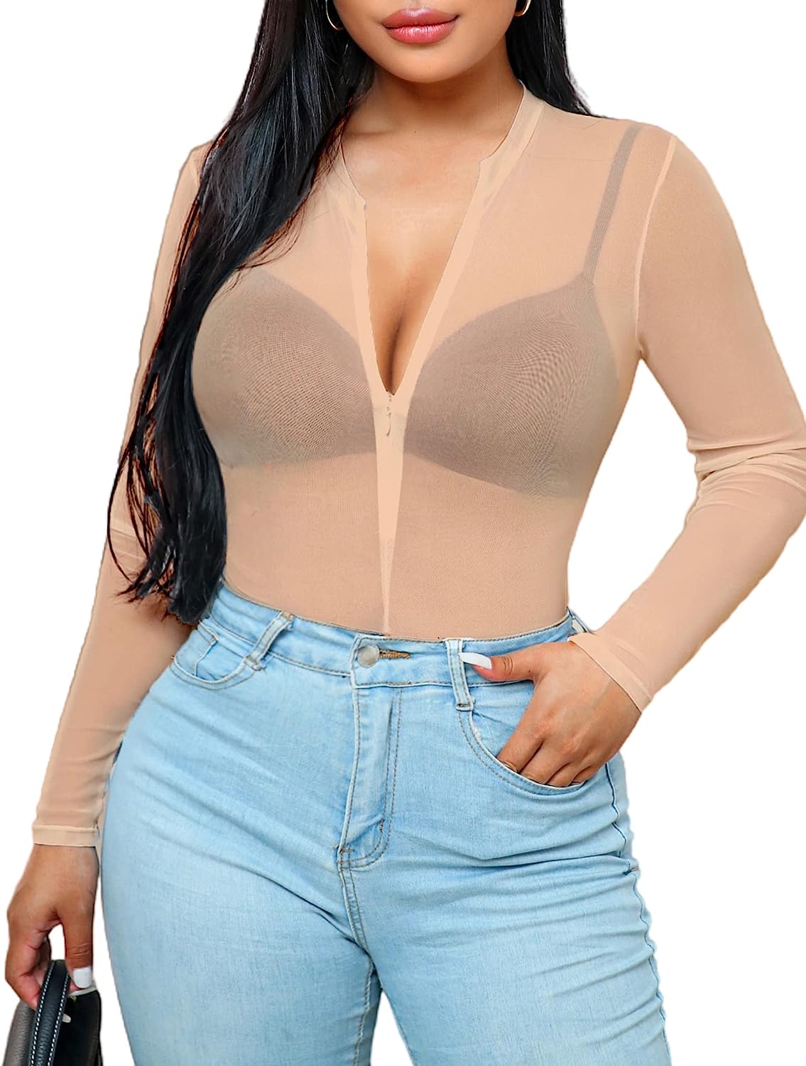 Avidlove Mesh Bodysuit Long Sleeve Snap Crotch Bodysuit See Through Zipper Sheer Leotards Bodysuit Tops