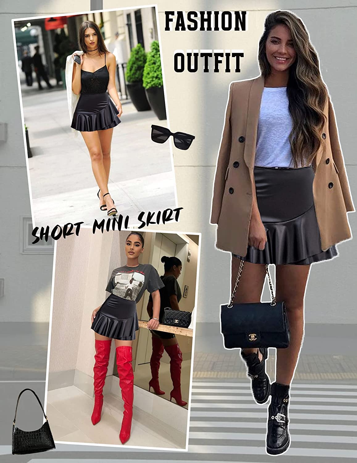 Avidlove Leather Mini Skirt Pleated Skirt High Waist Ruffled Short Skirts Mini Lingerie Skirt with Zipper