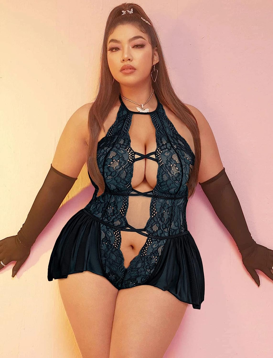 Avidlove Plus Size Lingerie Lace Bodysuit Teddy Deep V One Piece Lace Babydoll