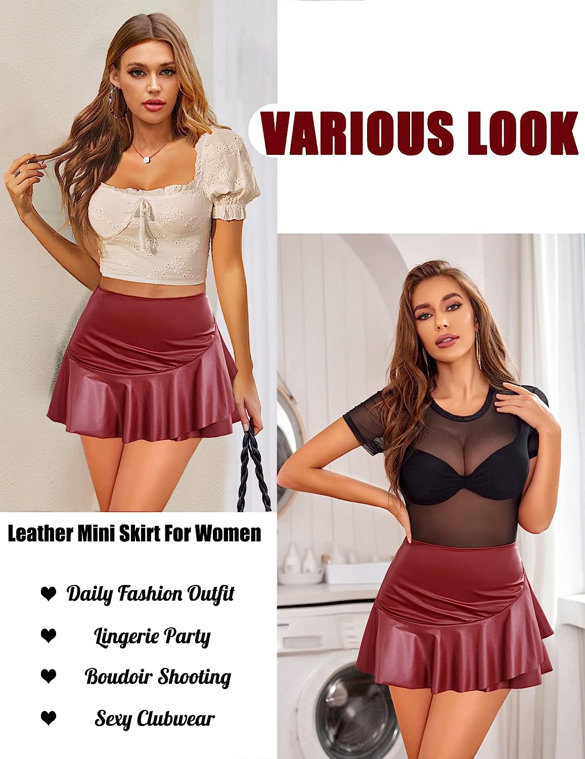 Avidlove Leather Mini Skirt Pleated Skirt High Waist Ruffled Short Skirts Mini Lingerie Skirt with Zipper