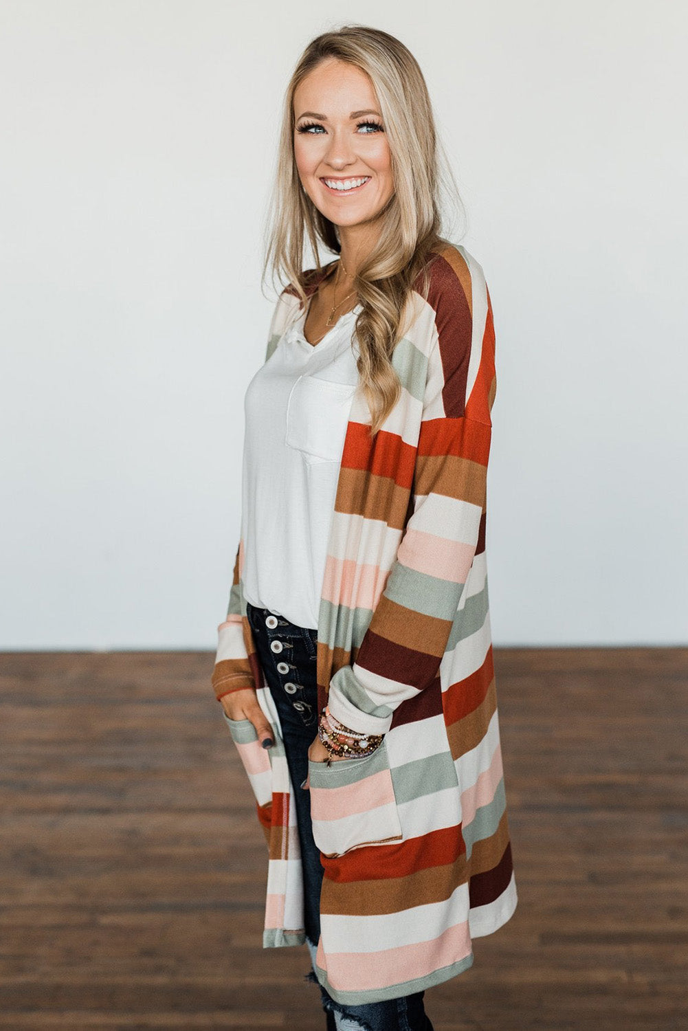 Multicolor Striped Print Pockets Open Front Cardigan