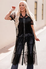 Black Polka Dot Button Up Short Sleeve Sheer Kimono