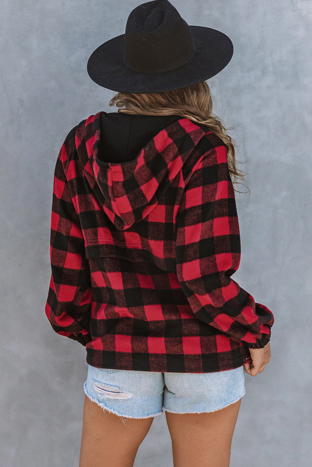 Red Buffalo Plaid Zipped Front Pocketed Hoodie