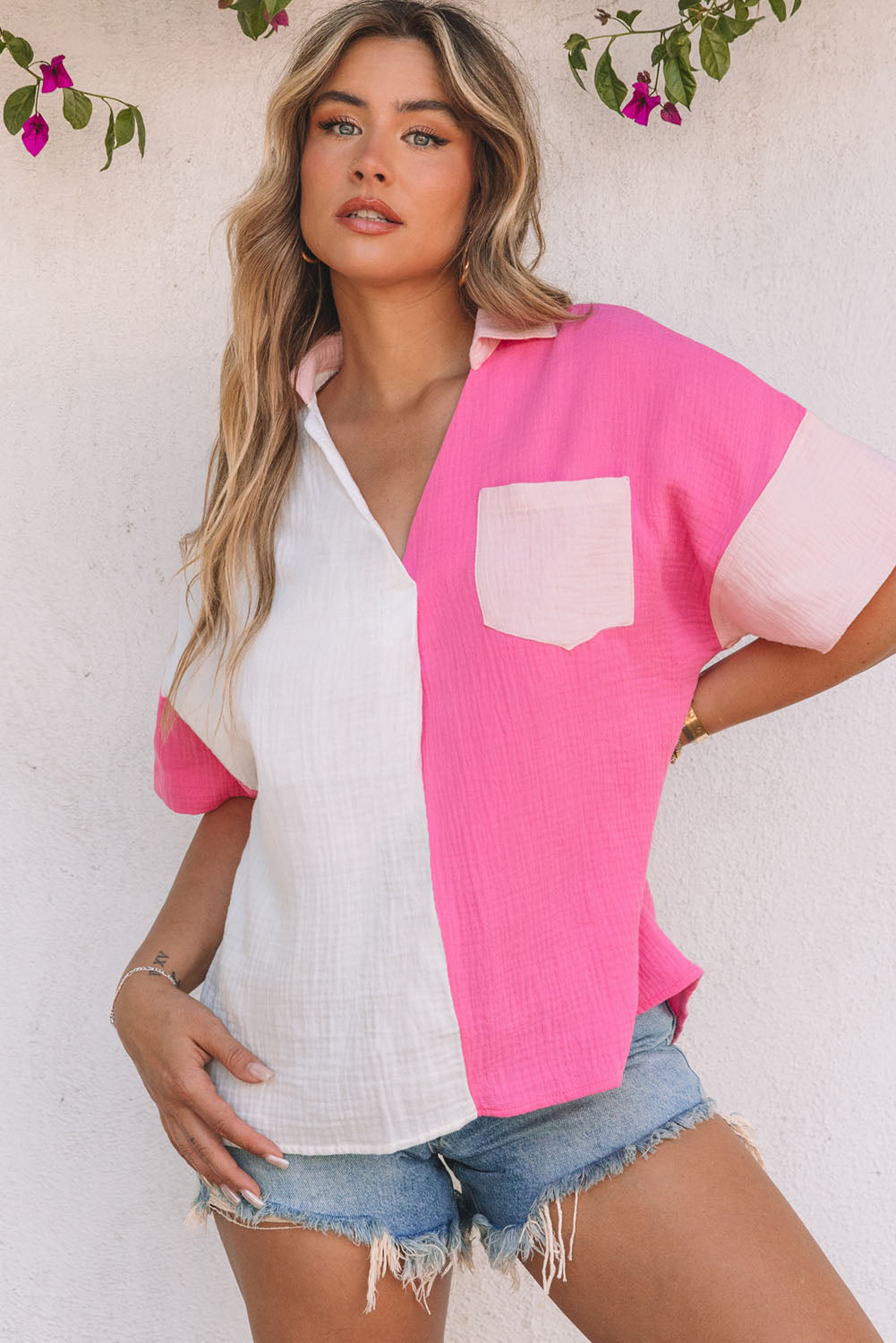 Rose Collared Neck Color Block Polo Shirt