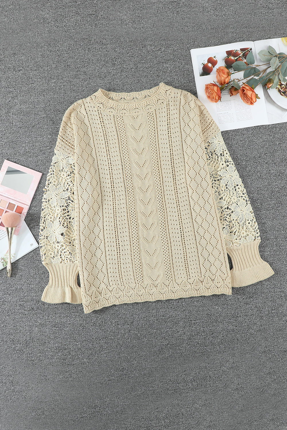 Blue Crochet Lace Pointelle Knit Sweater