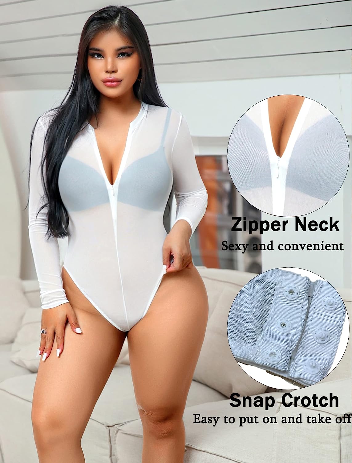 Avidlove Mesh Bodysuit Long Sleeve Snap Crotch Bodysuit See Through Zipper Sheer Leotards Bodysuit Tops