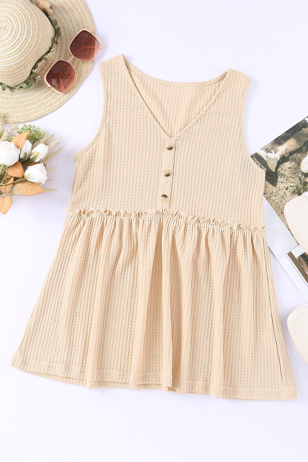 Apricot Waffle Knit Button Ruffled Casual Tank