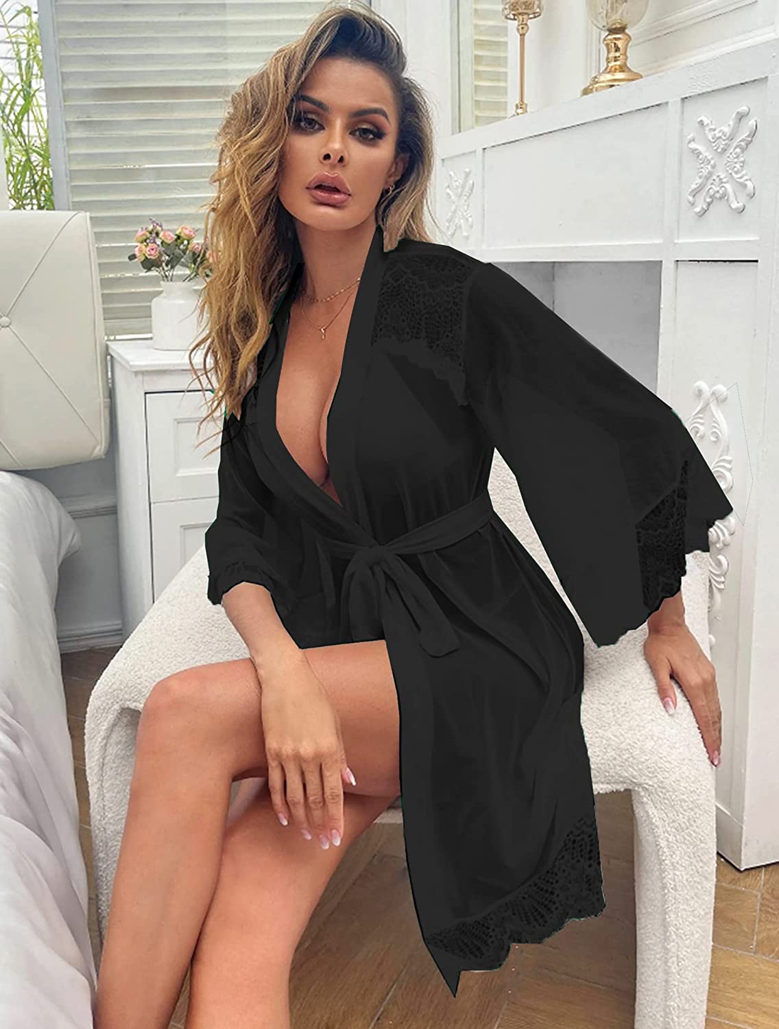 Avidlove Lingerie Robe Lace Kimono Robe Bathrobe Babydoll Nightgown