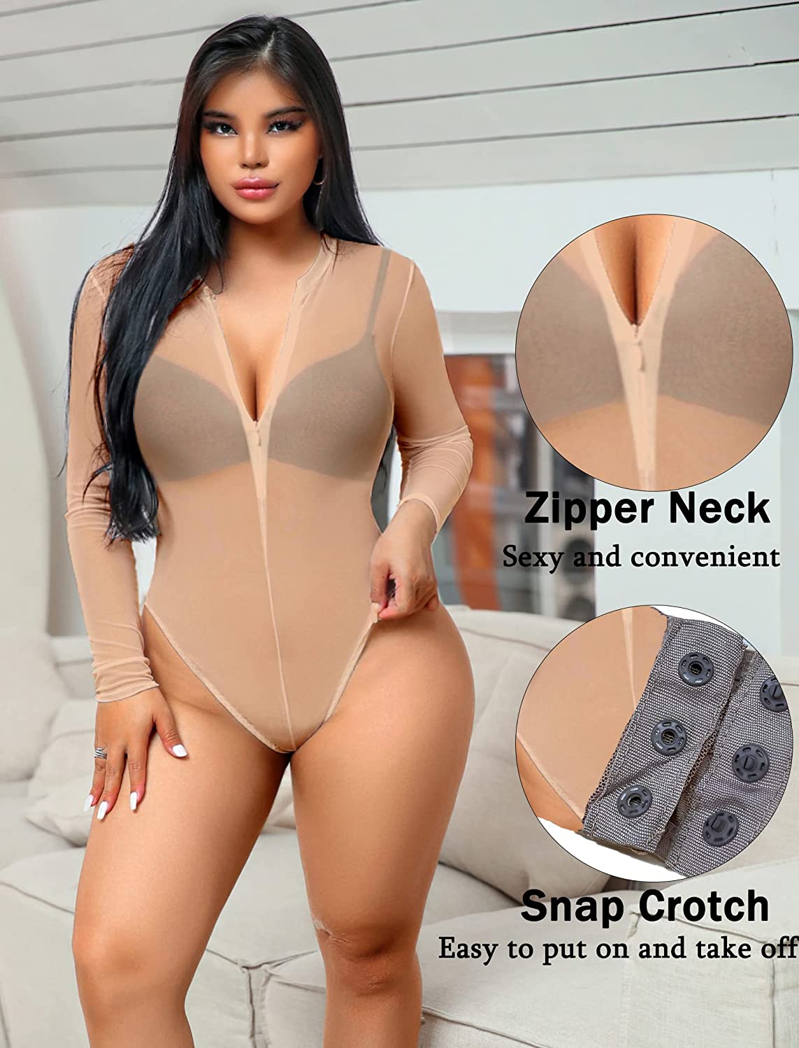 Avidlove Mesh Bodysuit Long Sleeve Snap Crotch Bodysuit See Through Zipper Sheer Leotards Bodysuit Tops