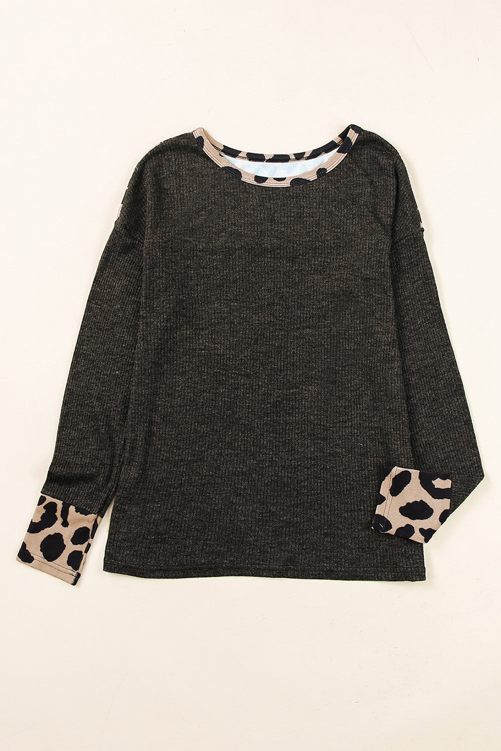 Black Leopard Contrast Trim Knit Top
