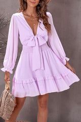 Amicgp V Neck Lantern Sleeve Knotted Tiered Mini Dress