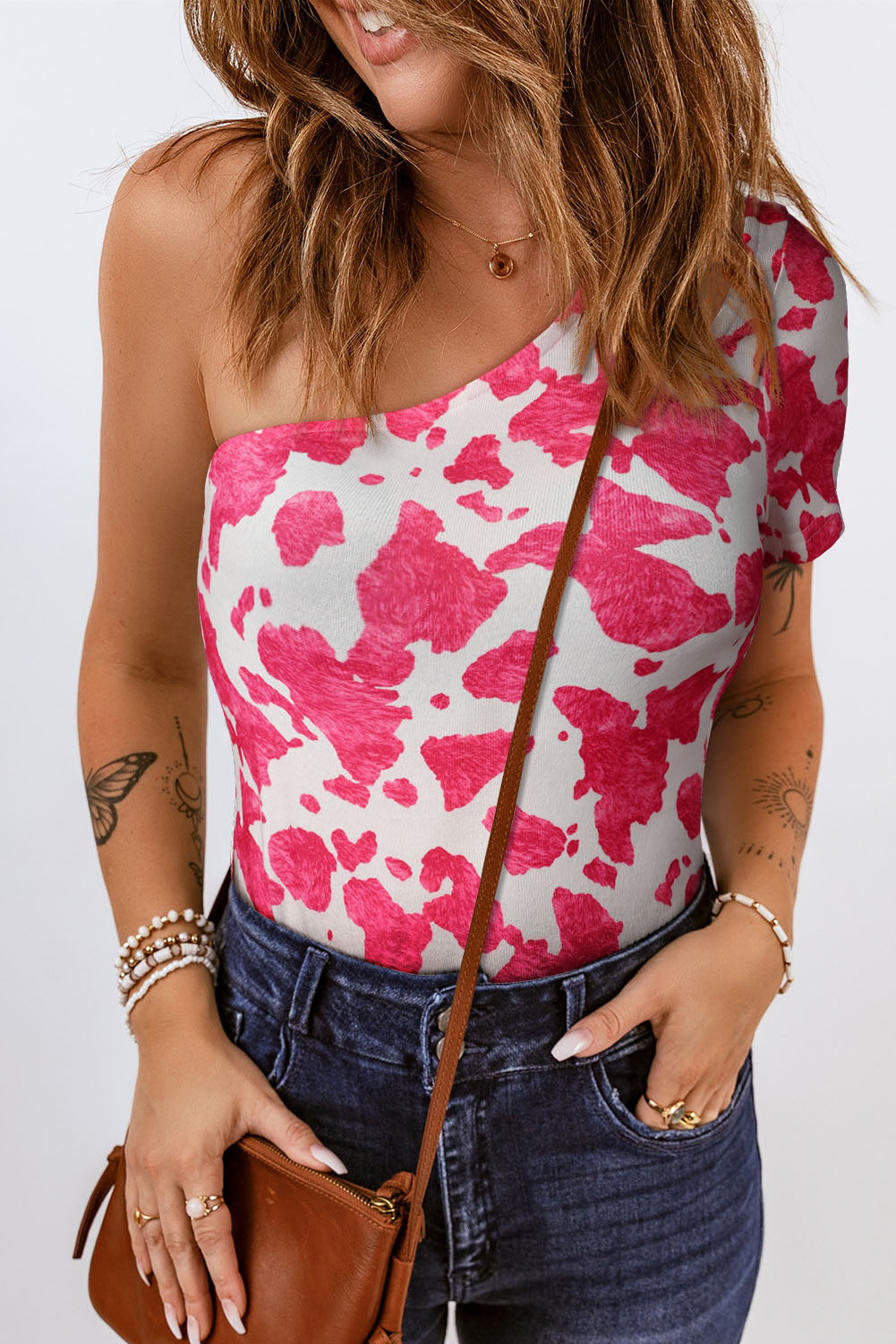 White One Shoulder Cow Print Cut out Short Sleeve Top