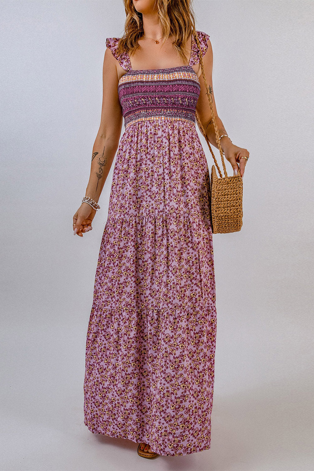 Pink Shirred Ruffled Sleeveless Floral Maxi Dress