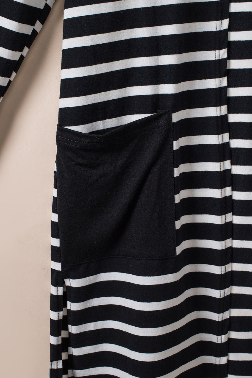 Black White Striped Pocketed Long Cardigan