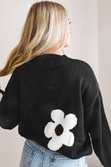 Black Big Flower Pattern Knit Sweater