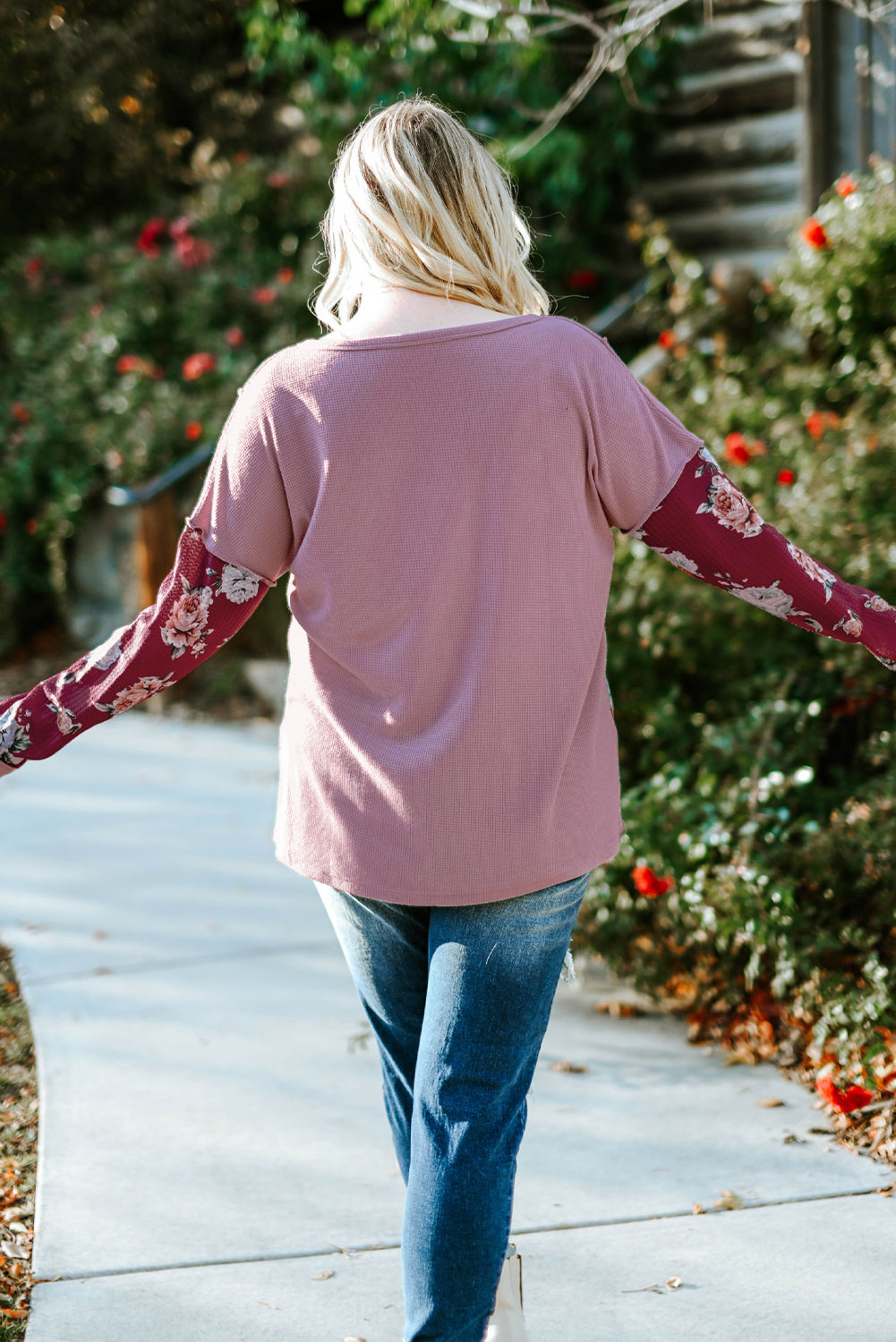 Purple Floral Accent Puff Sleeves Plus Size Thermal Top