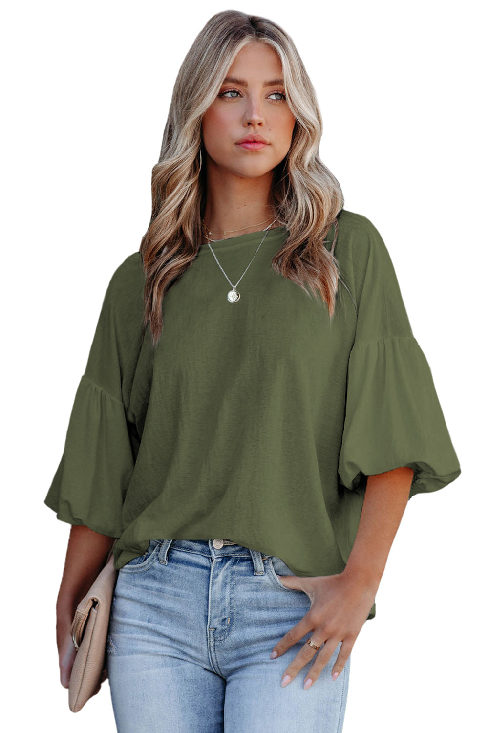 Orange Joint Bubble Sleeve Round Neck Blouse